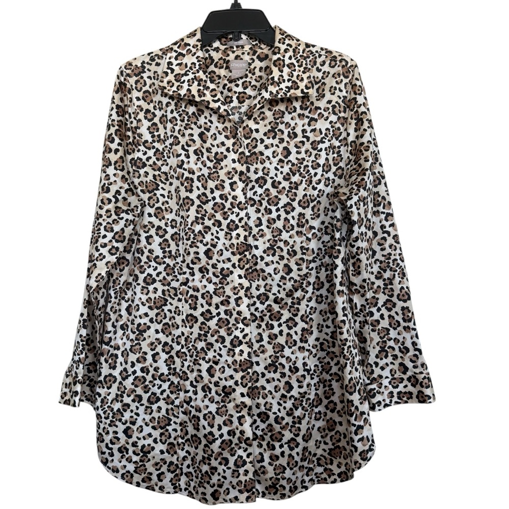 Chico’s Women’s Sz 2(L) Leopard Print Button-Up Shirt No Iron Cotton
